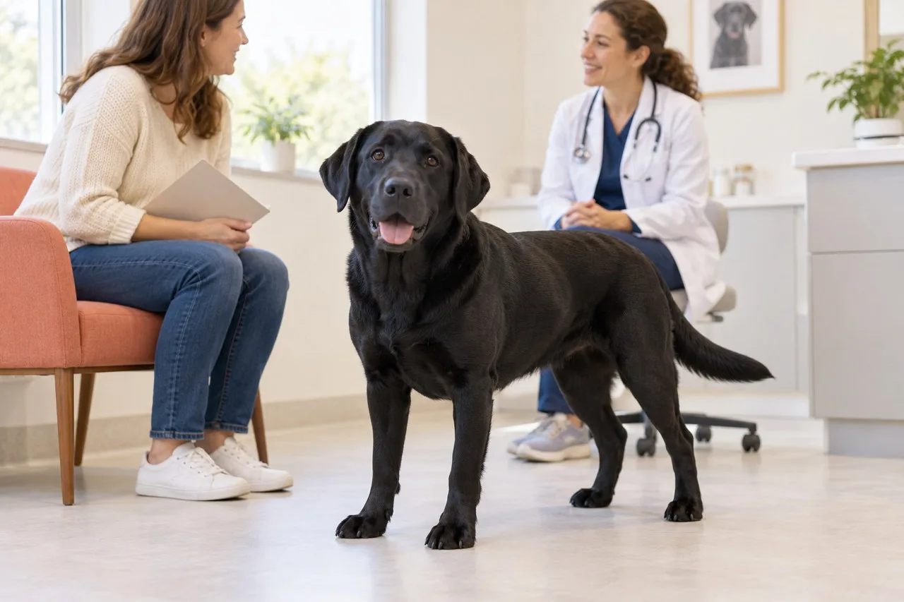 Black dog standing beside an owner and veterinarian in a clinic